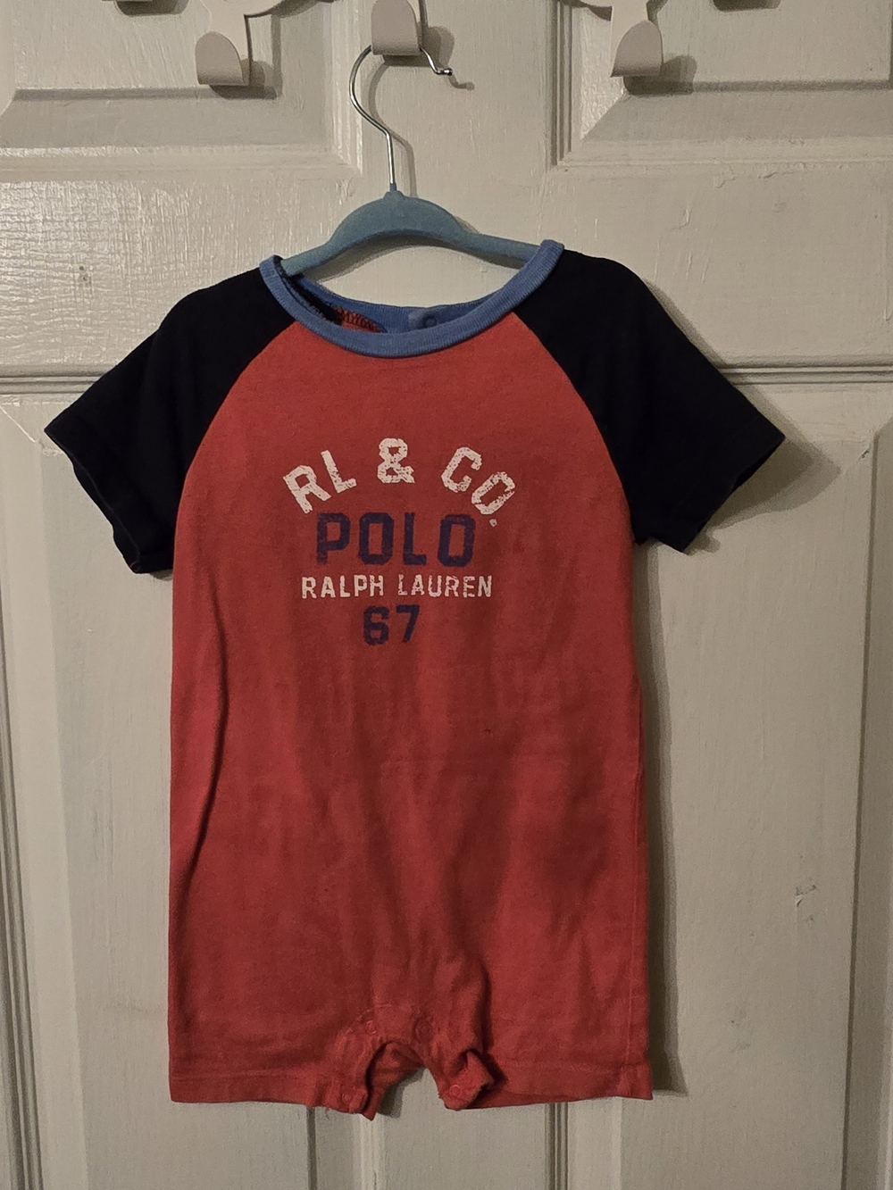 Ralph Lauren Red & Navy Short-Sleeve Polo Romper with Light Blue Trim